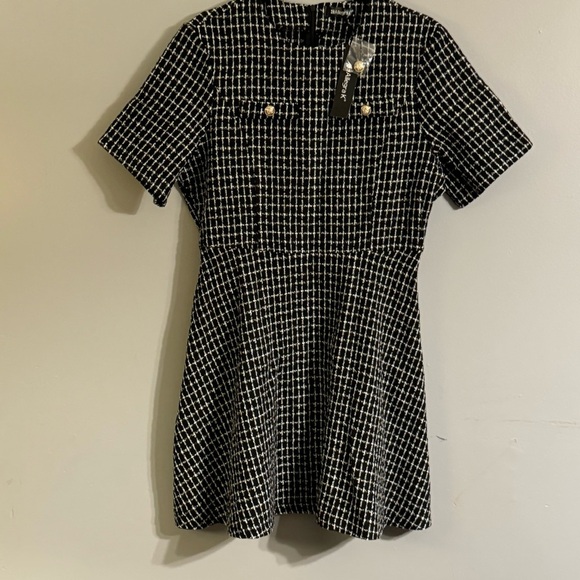 NWT Allegra K Plaid Tweed vintage style madmen short sleeve black dress Sz M - Picture 3 of 8